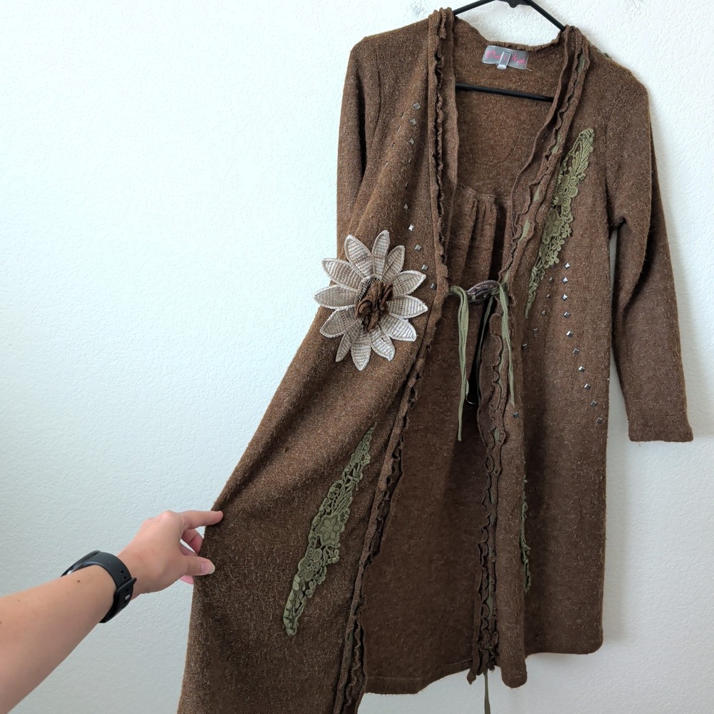Y2K Pretty Angel Brown Linen Boho Long Cardigan Flower Lace S Earthy Fairycore